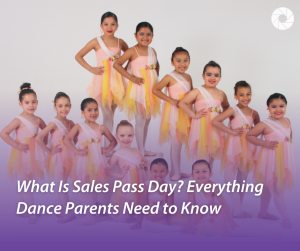 Group of young dancers in peach and yellow recital costumes posing together in a studio with text overlay reading “What Is Sales Pass Day? Everything Dance Parents Need to Know.”