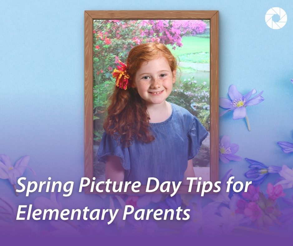 Elementary school spring picture day portrait of a smiling young girl with floral background promoting blog “Spring Picture Day Tips for Elementary Parents.”