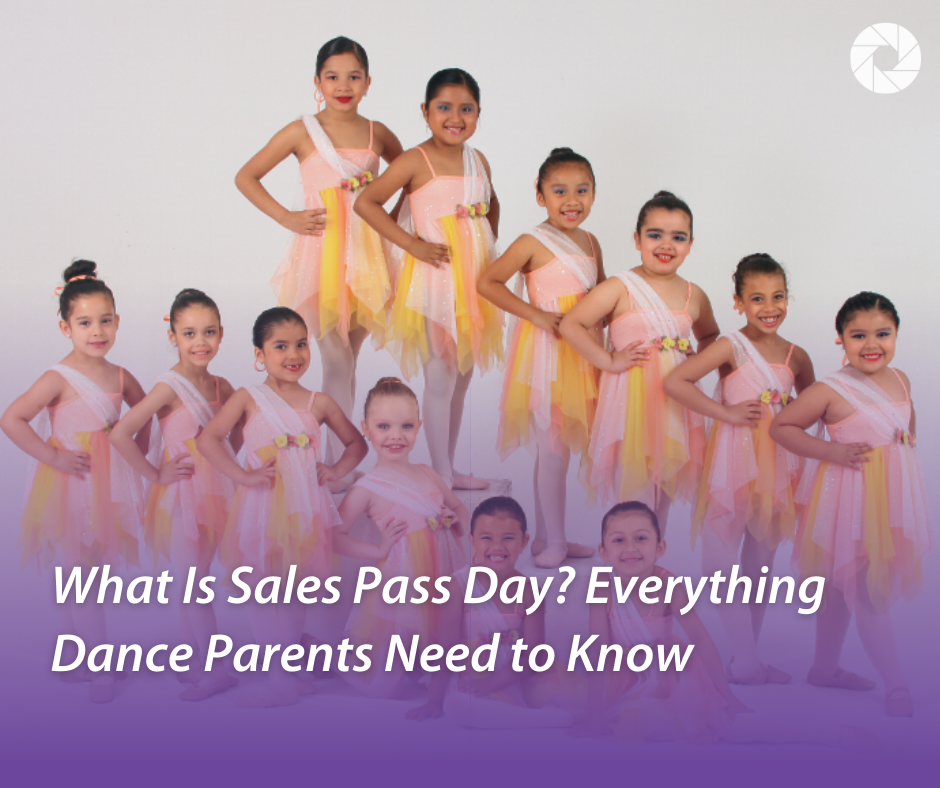 Group of young dancers in peach and yellow recital costumes posing together in a studio with text overlay reading “What Is Sales Pass Day? Everything Dance Parents Need to Know.”